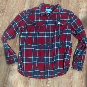 Columbia Wisconsin Badgers Men's Red and Blue Plaid Button-Down Shirt
